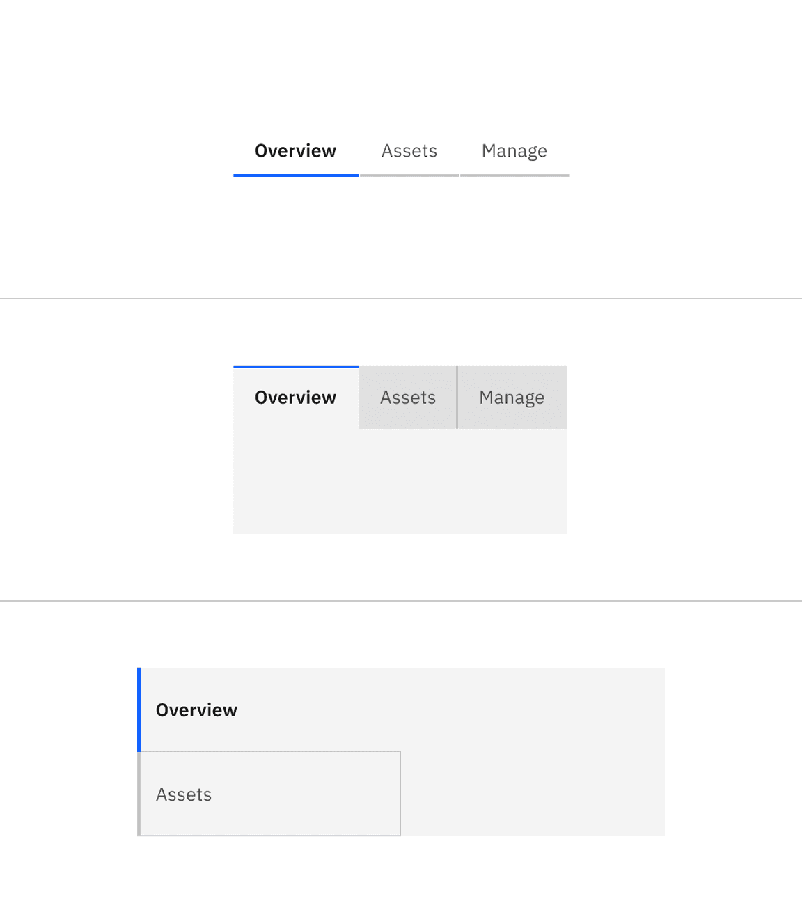 Examples of line tabs (top), contained tabs (middle), and vertical tabs (bottom)