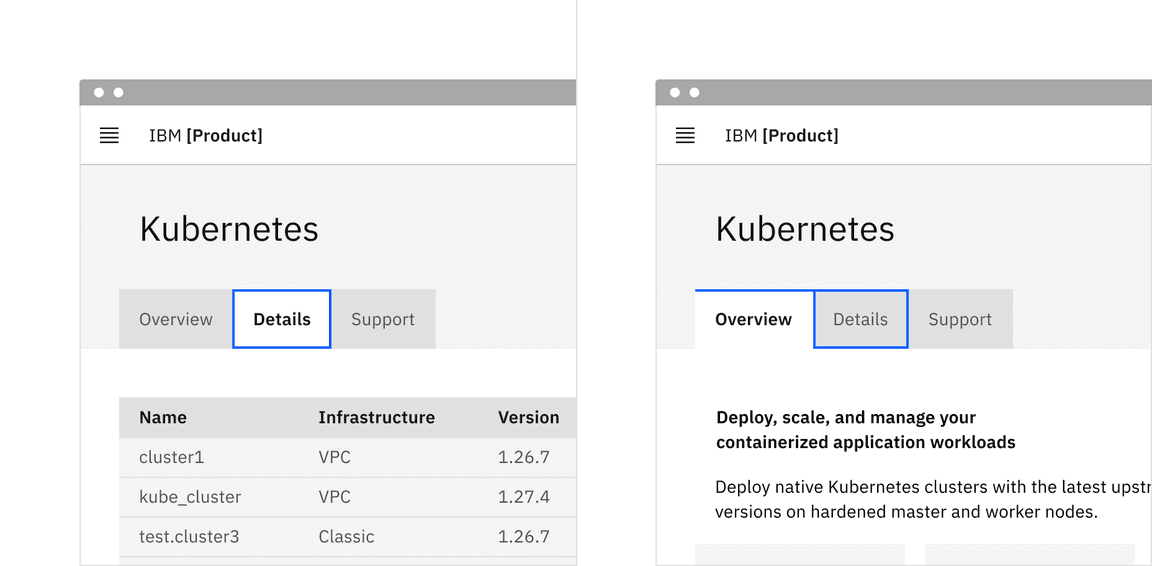 Automatic and manual versions of a tablist with tabs called Overview, Details, and Support. In the first, the Details tab is selected and focused. In the second the Overview tab is still selected and the Details tab has a focus indicator